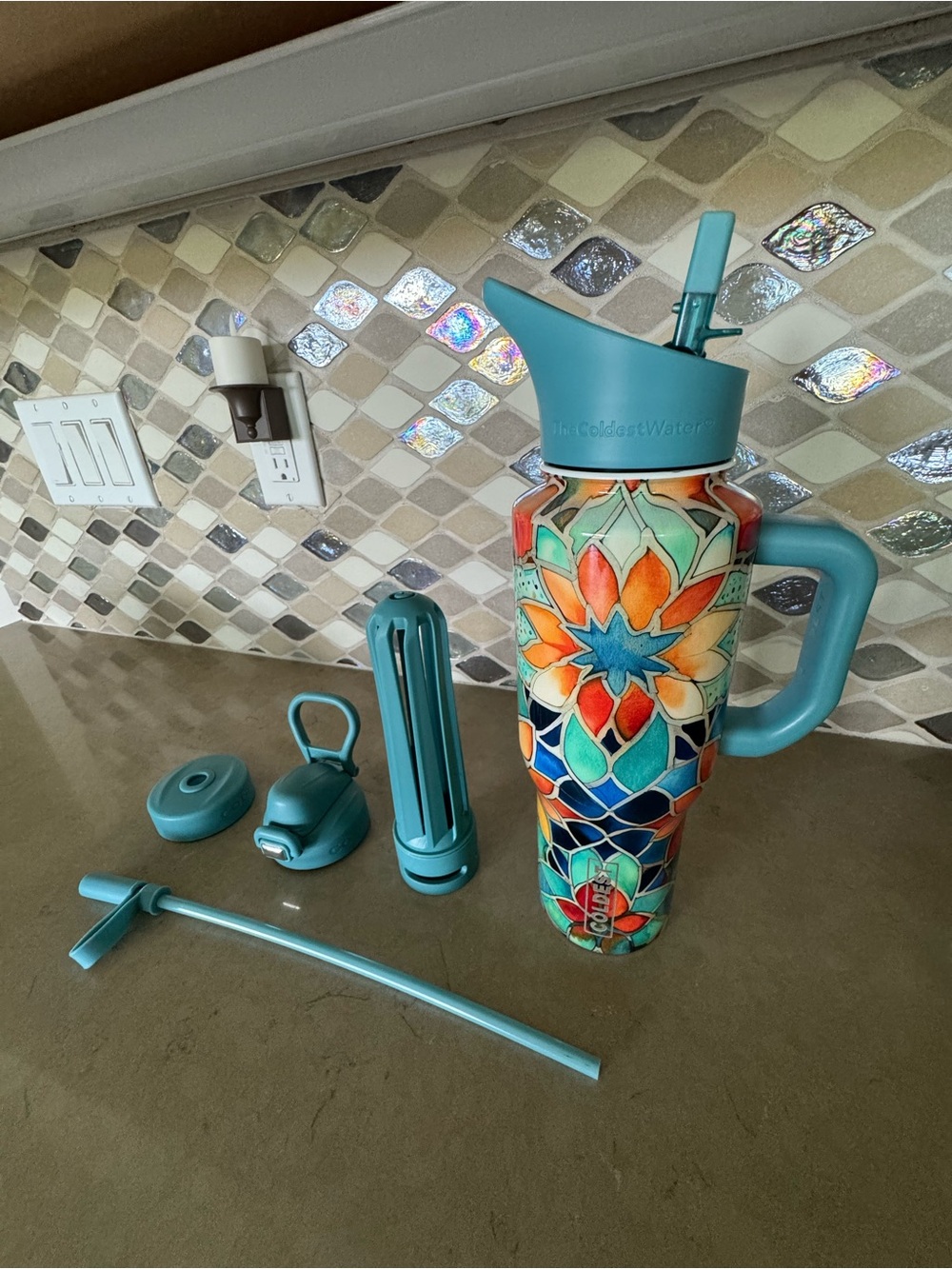 Floral Mosaic Insulated Tumbler with Teal Lid & Handle